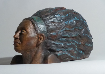 Sandy Frank sculpture woman's head streaming hair lines from poem The Seer by Tania Pryputniewicz