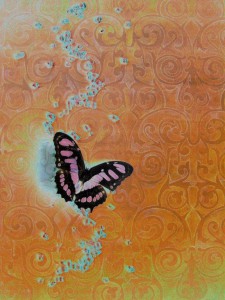 Butterfly on orange wall dripping blue beads