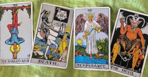 Rider Waite Smith Hanged One, Death, Temperance, and Devil Tarot Cards