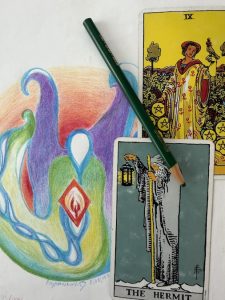 Mermaid with lantern over heart RWS Hermit and 9 of Cups